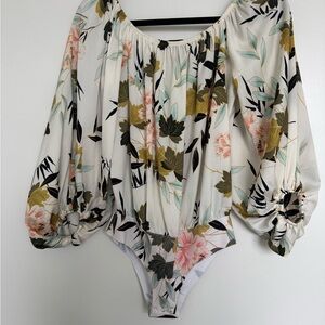 Zara Cream Floral Off-Shoulder Puff Sleeve Bodysuit